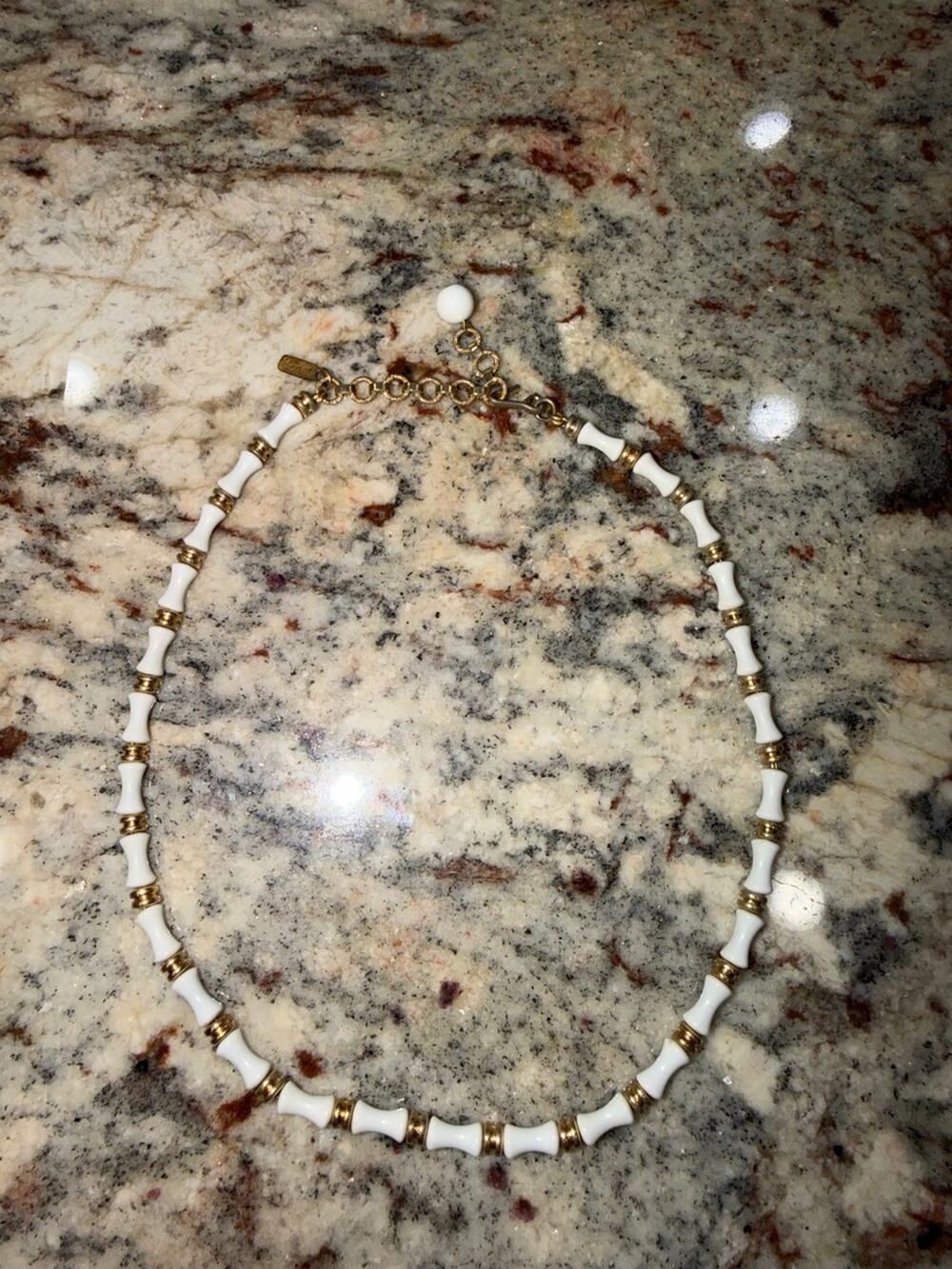 Monet Vintage White Enamel & Gold-Tone Bead Necklace